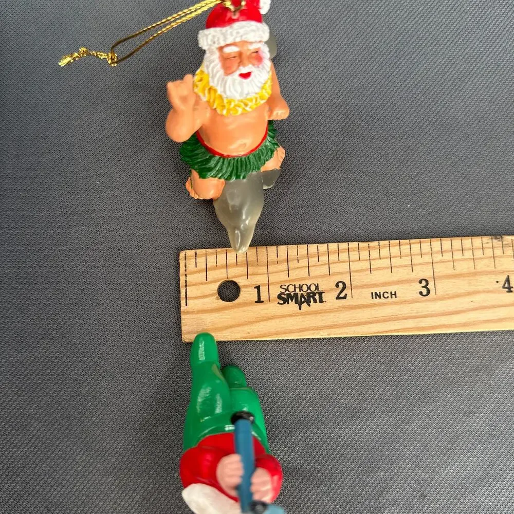 VTG 1991 Hallmark Quinn Surfing Dolphin & Fishing Santa Ornaments Lot 2 Kitschy